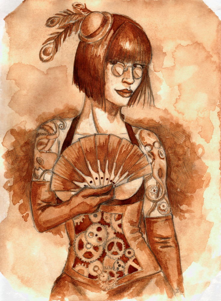735x1000 Steampunk Coffee Painting Octopus Lady By Dinoforce - Octopus And Woman Painting