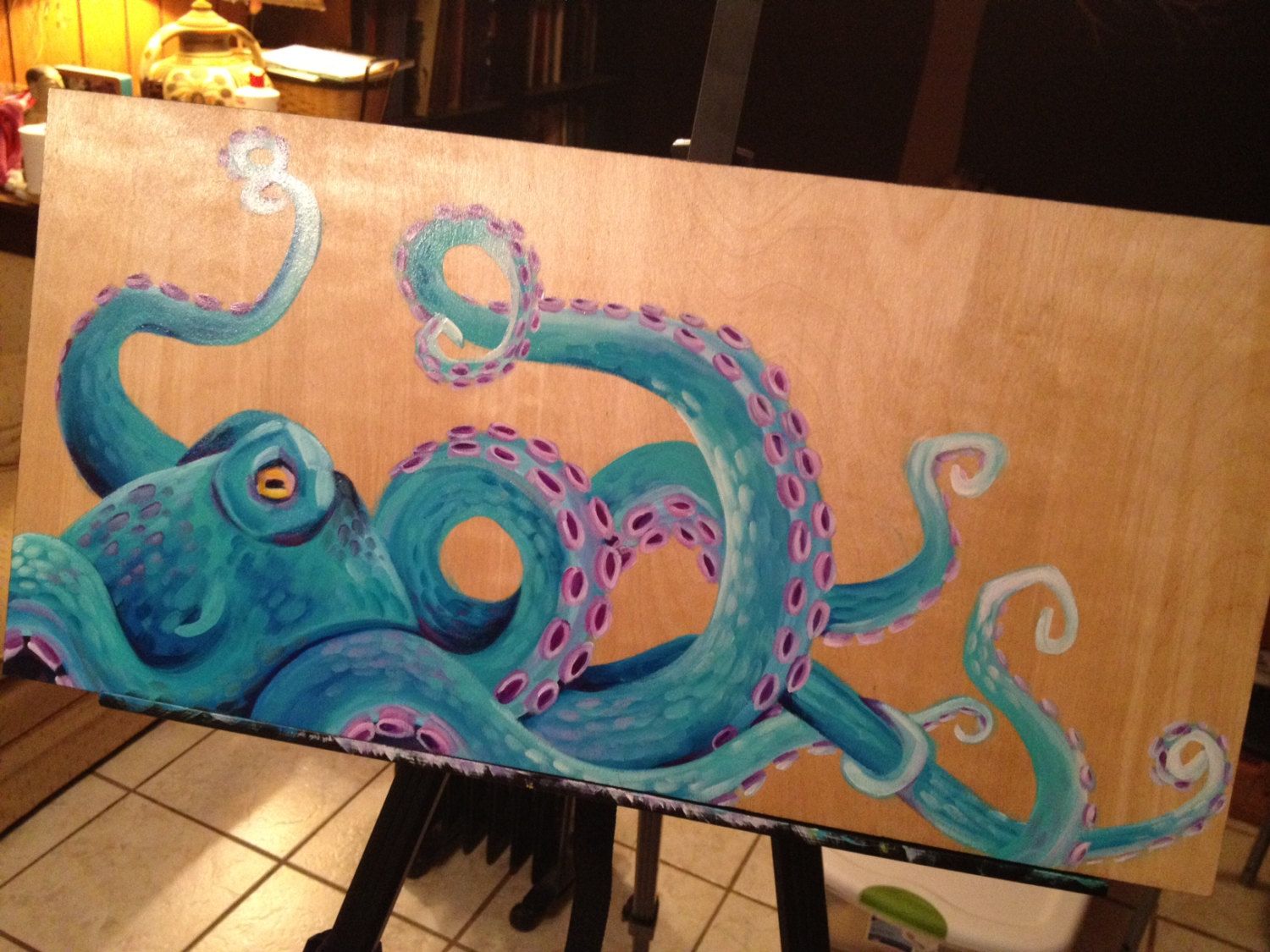 1500x1125 Original Octopus Painting On 12 X 24 Wooden Canvas - Octopus Painting
