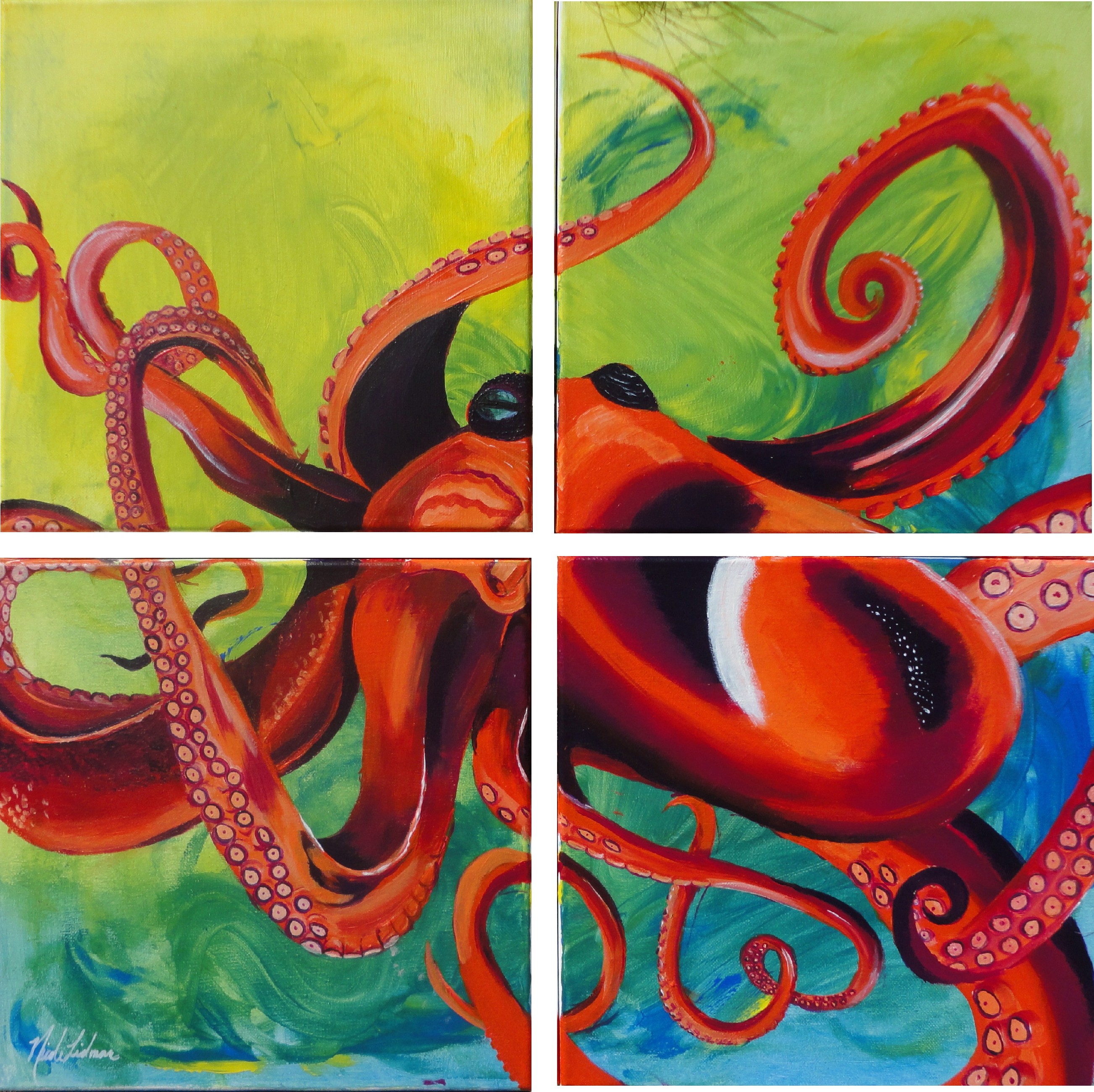 2604x2600 Octopus 4 12x12 Inch. Canvas Home Decor Boys Room Aquatic Abstract - Octopus Painting On Canvas