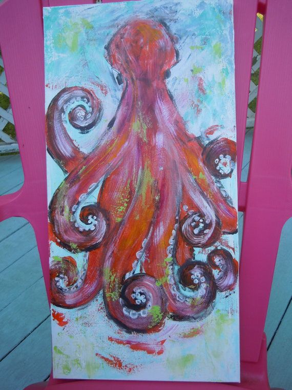 570x760 Octopus Painting Canvas Beach House Nautical By Artanddecorations - Octopus Painting On Canvas