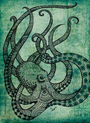 306x420 Free Shipping Green Background Octopus Cloth Printing Oil Painting - Octopus Painting On Canvas