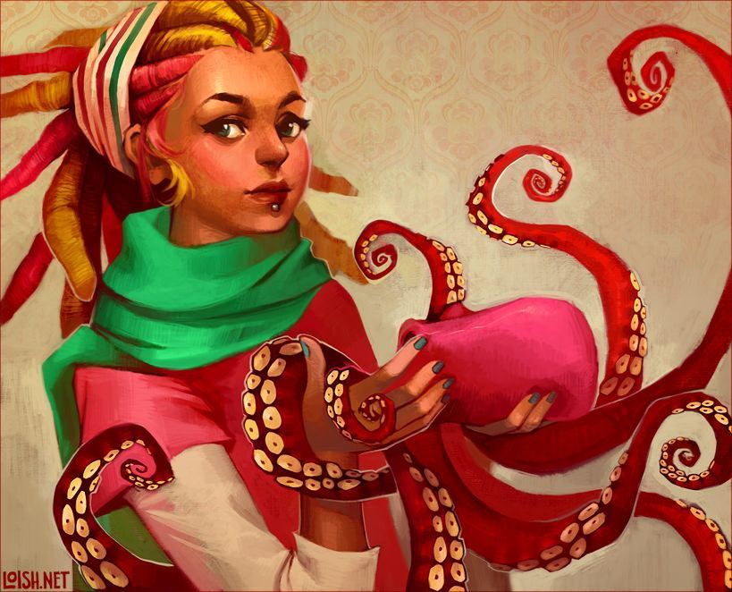 819x662 Dreadlock Hair Hippy Girl Octopus Big Eyes Pretty Beautiful Woman - Octopus Woman Painting