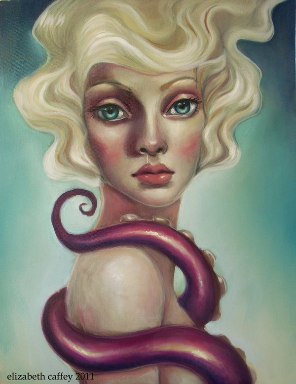 600x777 Pop Surrealism Finert Painting By Elizabeth Caffey - Octopus Woman Painting