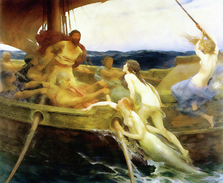 900x737 Ulysses And The Sirens Painting By Media Impasto Paper - Odysseus Sirens Painting