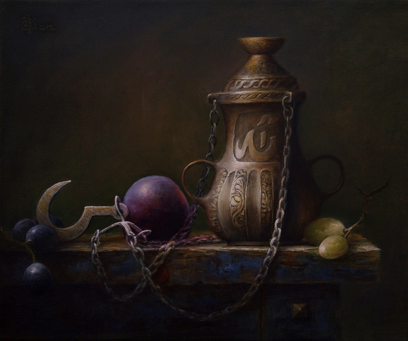 800x670 Ottoman Oil Lamp, Plums And Grapes By Marcheba - Oil Lamp Painting