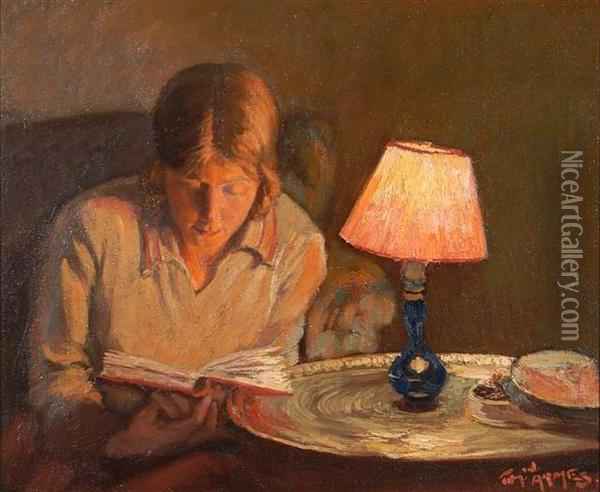 600x492 Young Girl Seated In A Chair Reading By Table Lamp Oil Painting - Oil Lamp Painting