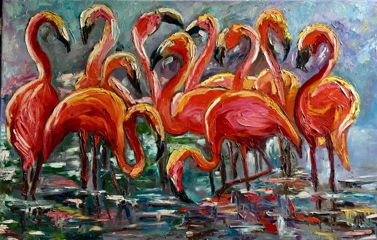 770x490 Saatchi Art Flamingos. Foggy Morning. Palette Knife Oil Painting - Oil Painting By Artist