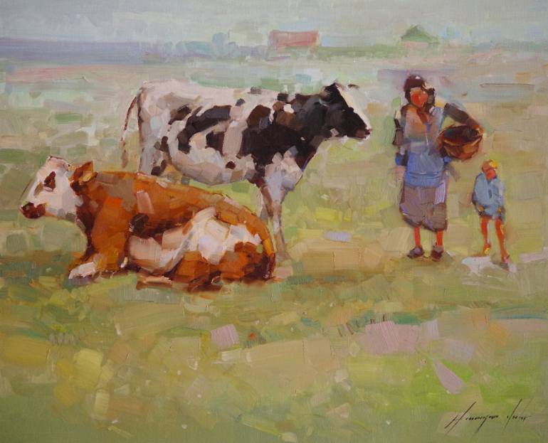 770x623 Saatchi Art Cows In The Meadow, Oil Painting, One Of A Kind - Oil Painting Cattle