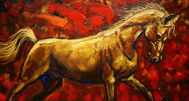 640x341 Red Background Golden Horse Oil Painting On Canvas For Living Room - Oil Painting Com