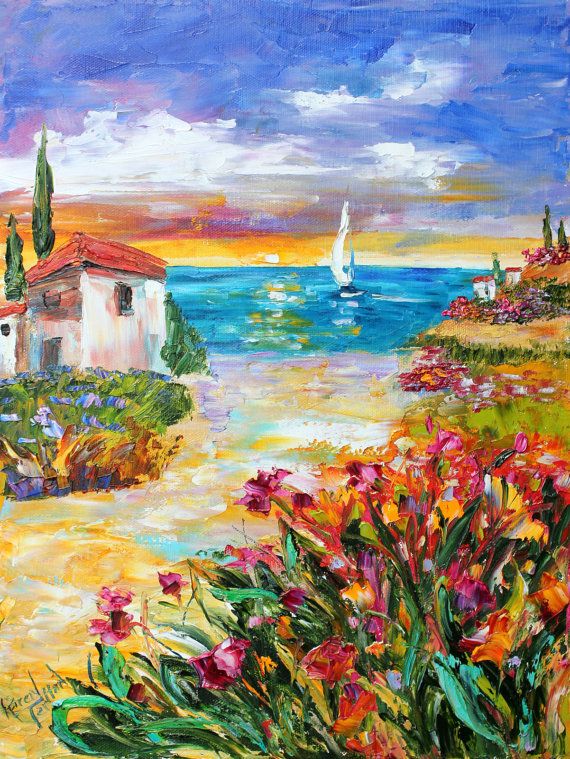 570x759 Original Oil Painting Europe Flowers Villa By The Sea Palette - Oil Painting Europe