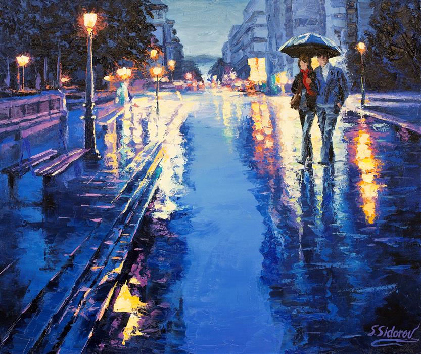 833x700 Reflection Romantic Night, Street In Europe By Stanislav Sidorov - Oil Painting Europe