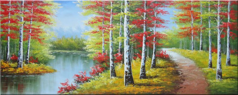 790x316 River, Trail, Beautiful Autumn Fall Forest Scene Oil Painting - Oil Painting Fall Landscape