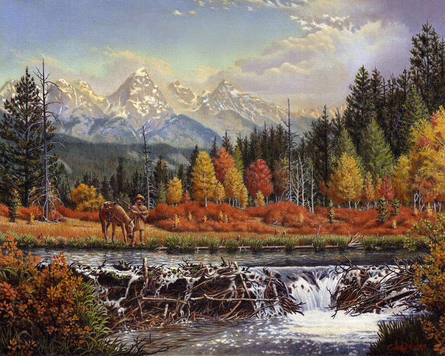 900x720 Western Mountain Landscape Autumn Mountain Man Trapper Beaver Dam - Oil Painting Fall Landscape