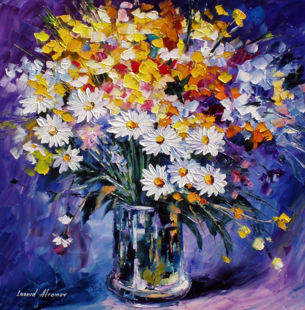 1275x1295 Colored Flowers Palette Knife Oil Painting On Canvas By Leonid - Oil Painting Flowers