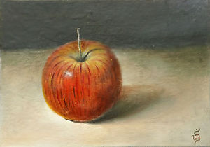 300x210 Original Oil Painting Still Life Fruit Food Red Apple Signed By Jv - Oil Painting Food