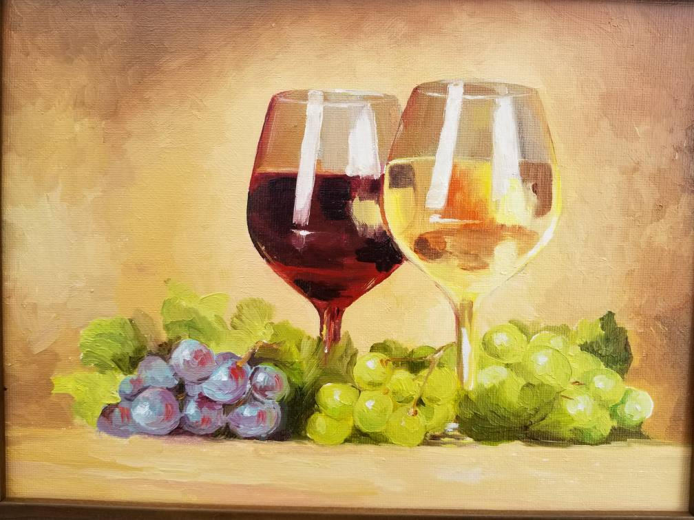 1008x756 Wine Red White Grape Original Oil Painting Kitchen Art - Oil Painting For Kitchen