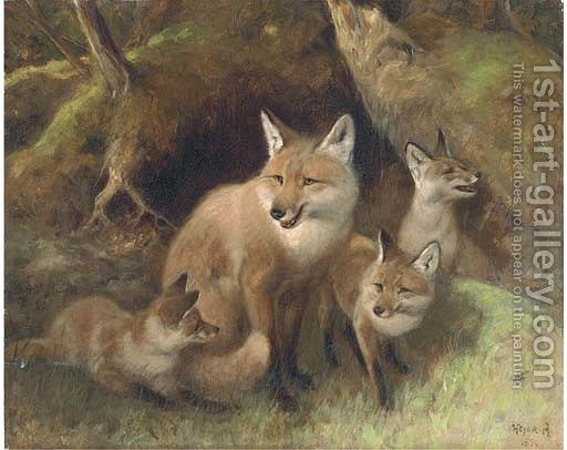 512x406 A Fox With Cubs Arthur Heyer Reproduction 1st Art Gallery - Oil Painting Fox