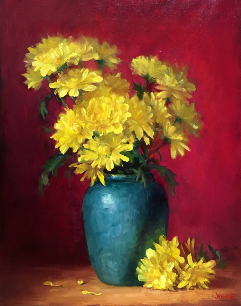 770x977 Saatchi Art Yellow Flowers In Green Vase Oil Painting Painting By - Oil Painting Images Flowers
