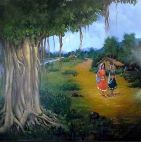 493x499 Indian Paintings - Oil Painting Indian Village