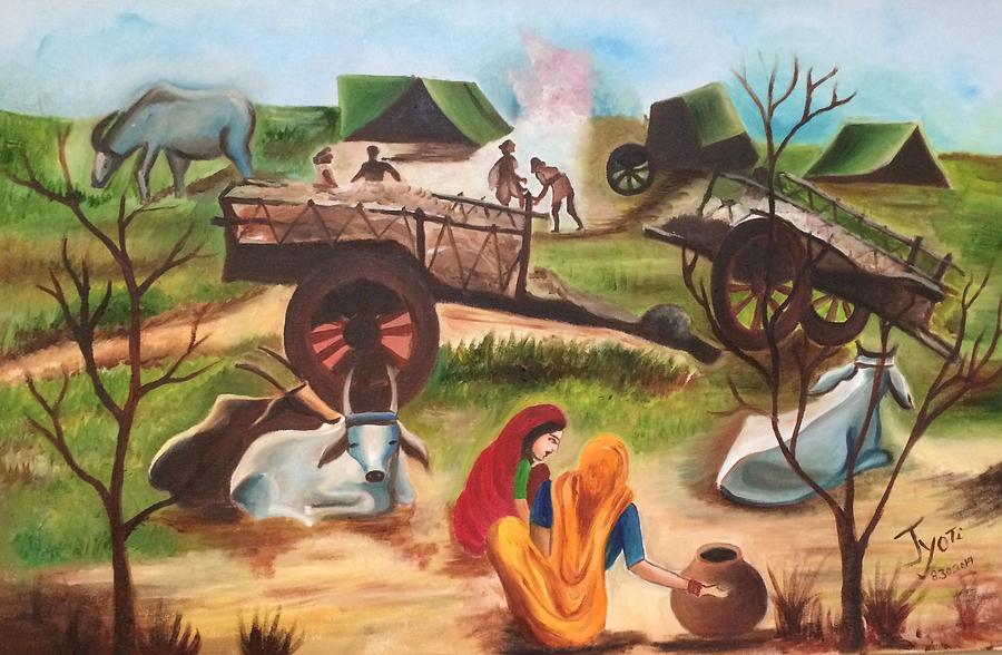 900x588 Indian Village Landscape Painting By Jyoti Sharma - Oil Painting Indian Village