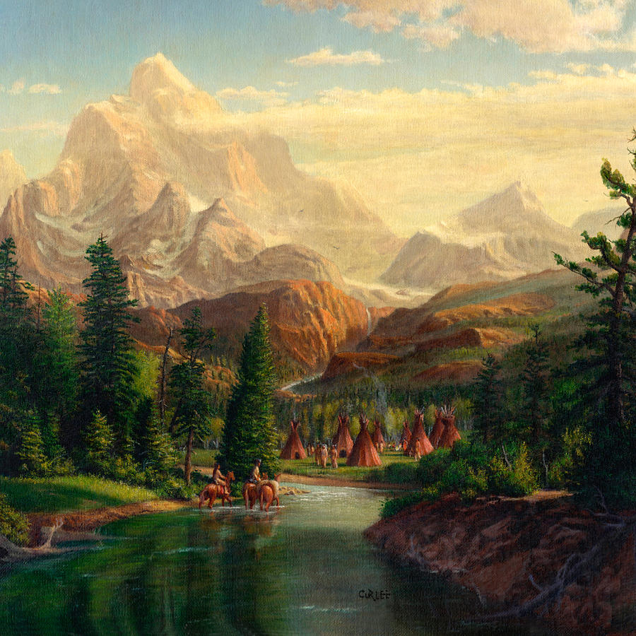 900x900 Mountain Landscape Oil Paintings Indian Village Trapper Western - Oil Painting Indian Village