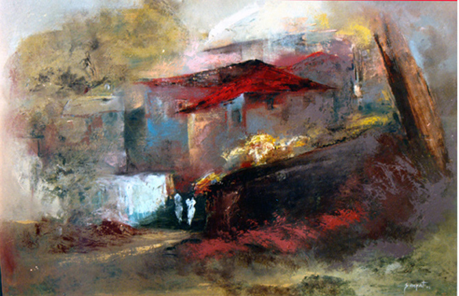 670x432 Sampat Nayakawadi Artwork Indian Village Couple,2001 Original - Oil Painting Indian Village