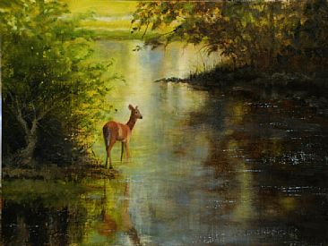 366x275 Riverscape With Deer - Oil Painting Nature Scenes