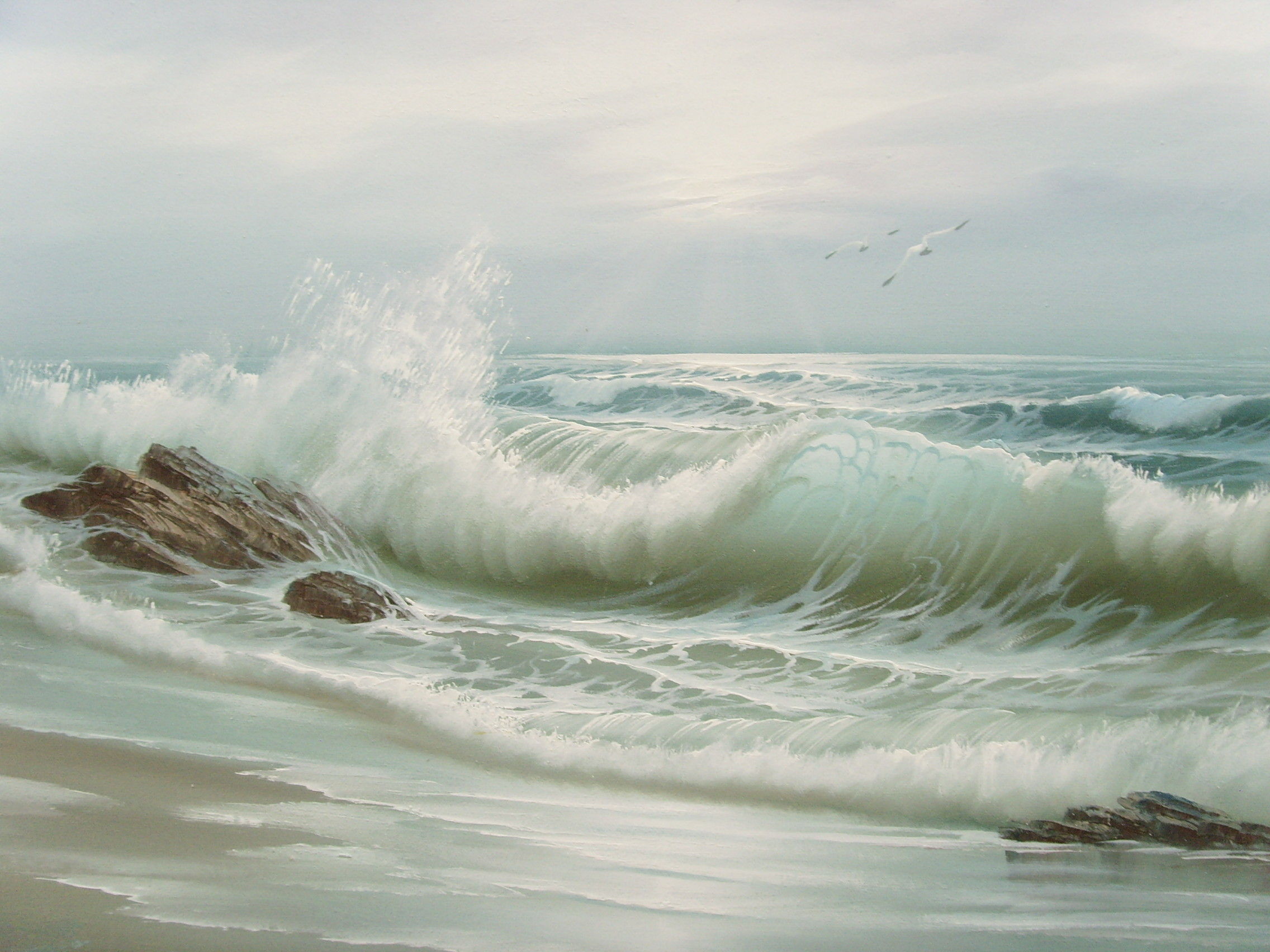 2272x1704 Seascape Oil Painting Ocean Waves Breaking Shore By Schubert (C - Oil Painting Ocean