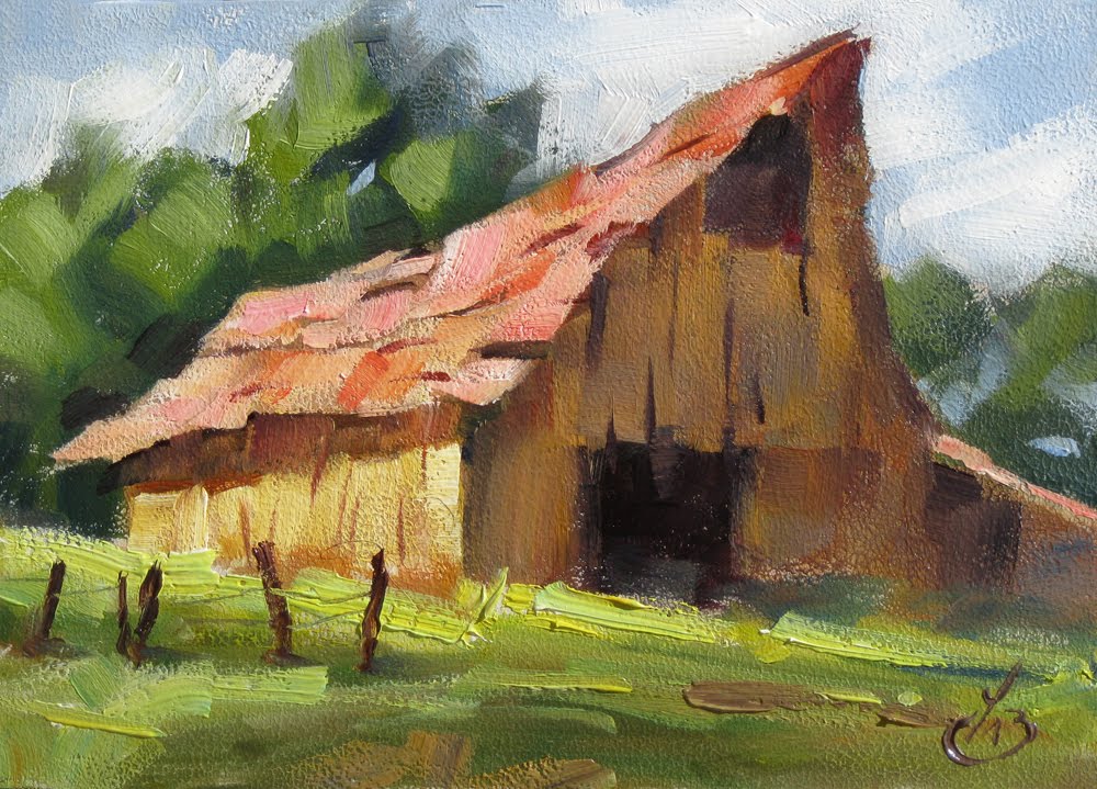 1000x719 Tom Brown Fine Art Barn Impressionist Rural Landscape Original - Oil Painting Of Barns