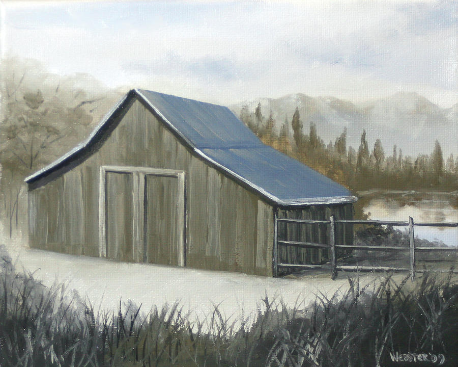 900x720 Grayscale Mountain Barn By Lake Oil Painting Painting By Mark Webster - Oil Painting Of Barns