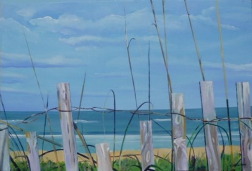 500x340 Seascape Acrylic Paintings Bethune Beach Scene With Fence Ii By - Oil Painting Of Beach Scenes