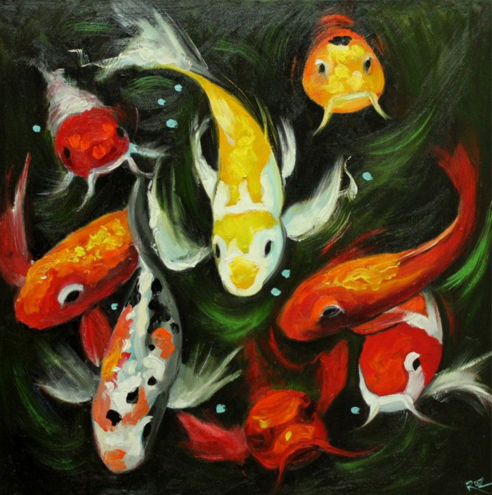 700x704 Koi Fish Portrait Painting 55 30x30 Inch Original Oil Painting - Oil Painting Of Fish