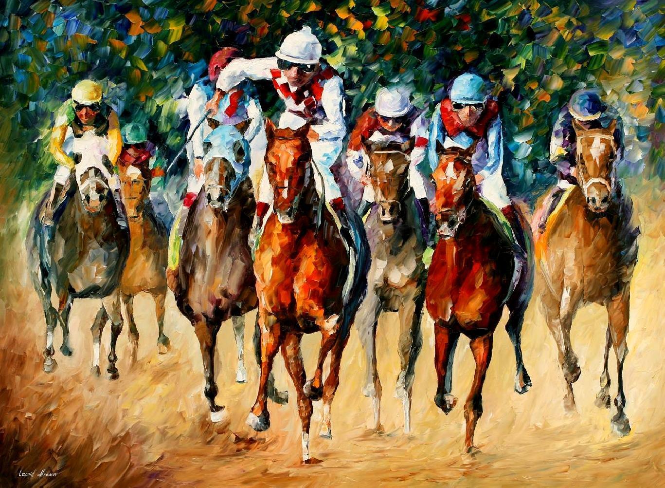 1367x1002 Horse Race Palette Knife Oil Painting On Canvas By Leonid - Oil Painting Of Horses Original