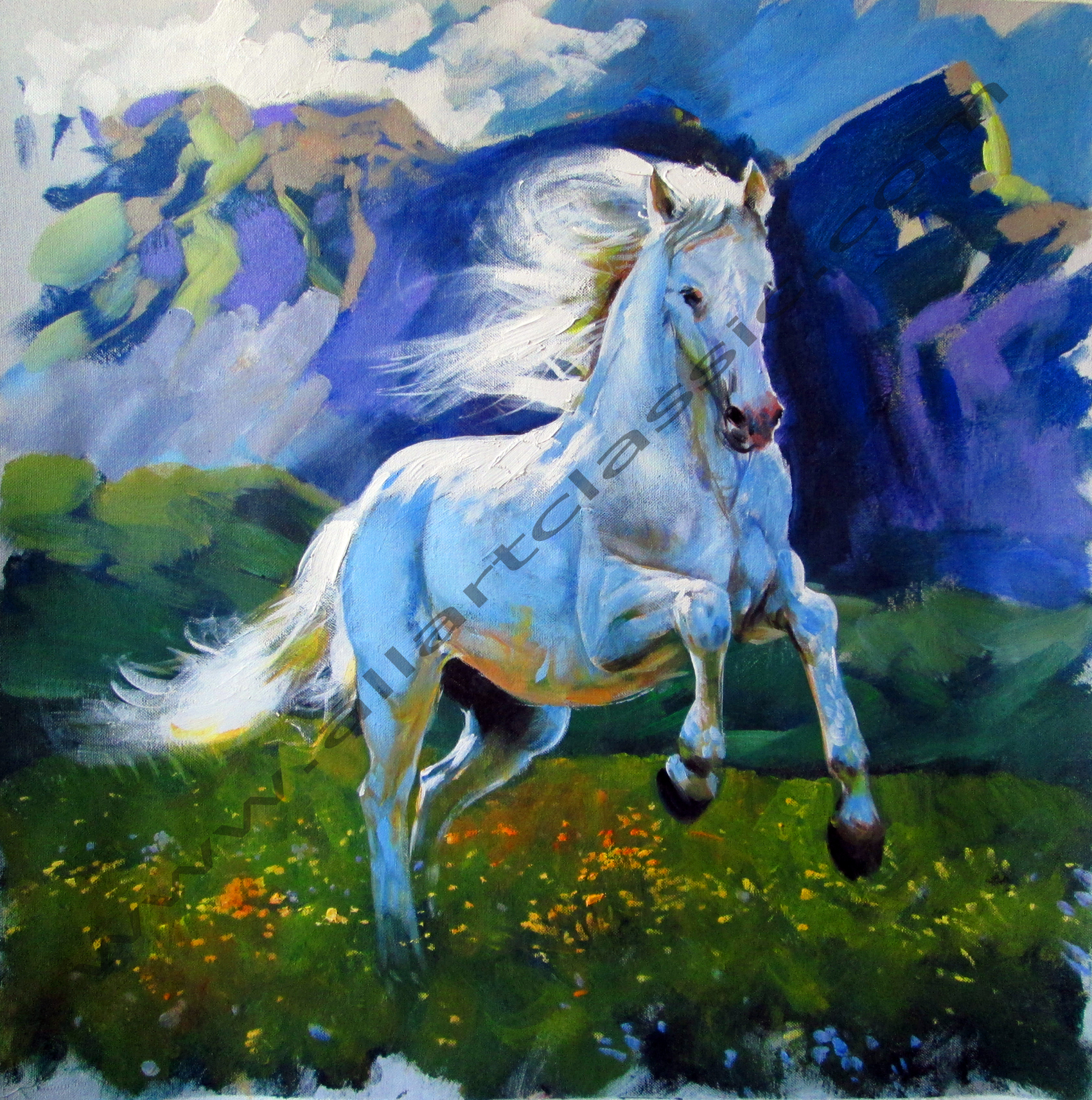 1700x1712 Art Reproductions And Original Oil Paintings Landscapes, White - Oil Painting Of Horses Original