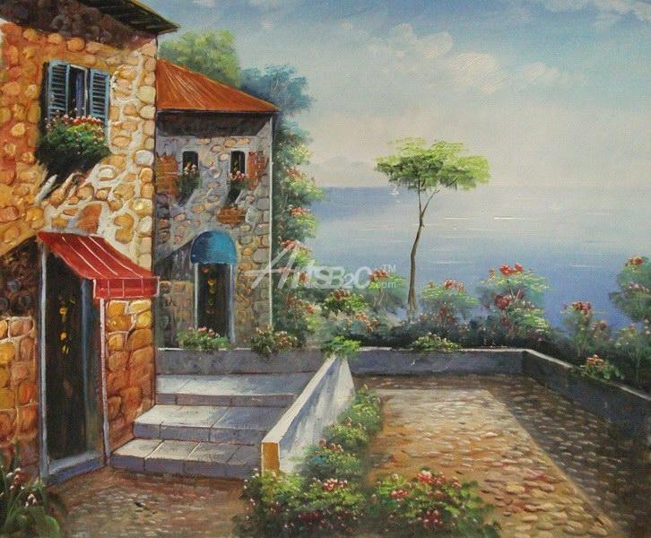726x600 Mediterranean Building Stone Houses Oil Painting Lm9 2 - Oil Painting Of House