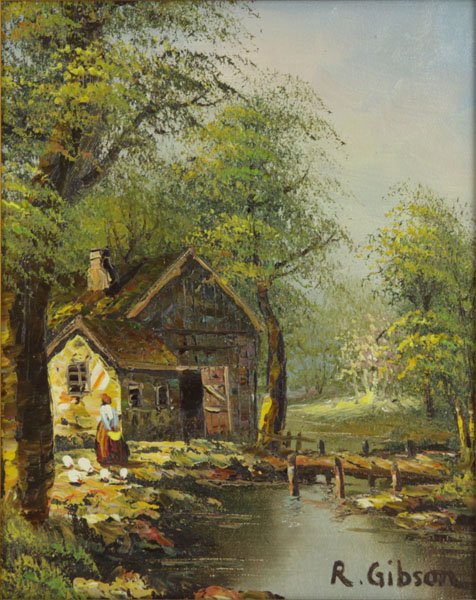 476x600 20th C. Framed Oil Painting Of A Farm House Near River - Oil Painting Of House