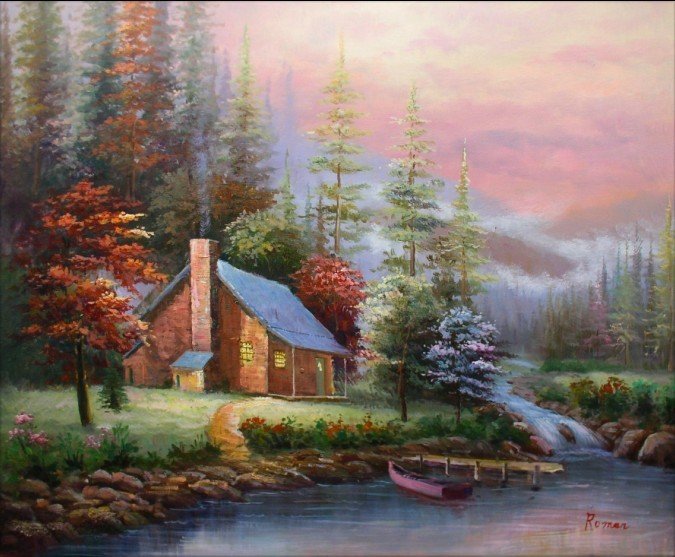 675x557 Hand Painted Wall Art Winter Forest Lake House Boat Home - Oil Painting Of House