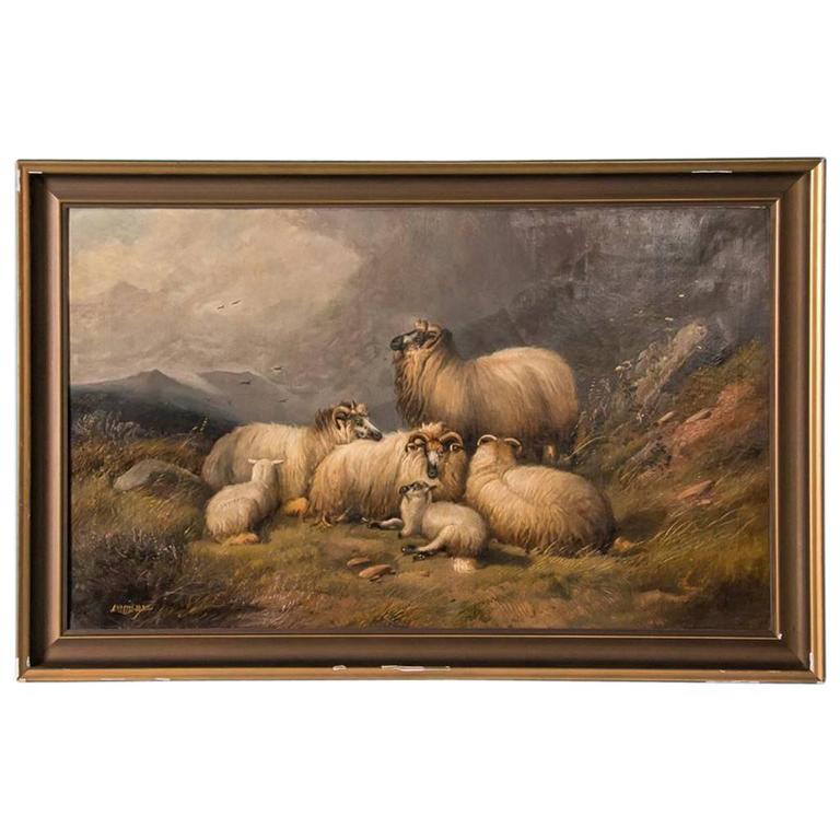 768x768 Antique 19th Century Original English Oil Painting Landscape - Oil Painting Of Sheep And Landscape