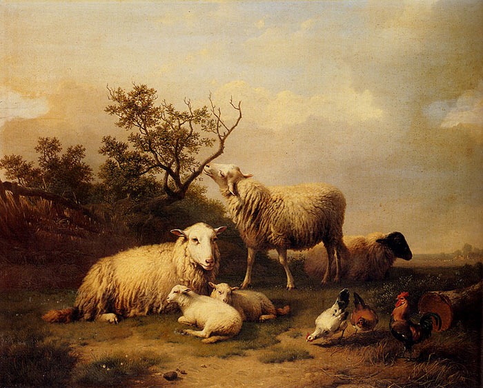 700x563 Sheep With Resting Lambs And Poultry In A Landscape, 1864 - Oil Painting Of Sheep And Landscape