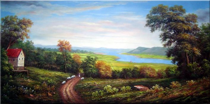 707x353 Shepard And Sheep In A Landscape Oil Painting River Classic 36 X - Oil Painting Of Sheep And Landscape