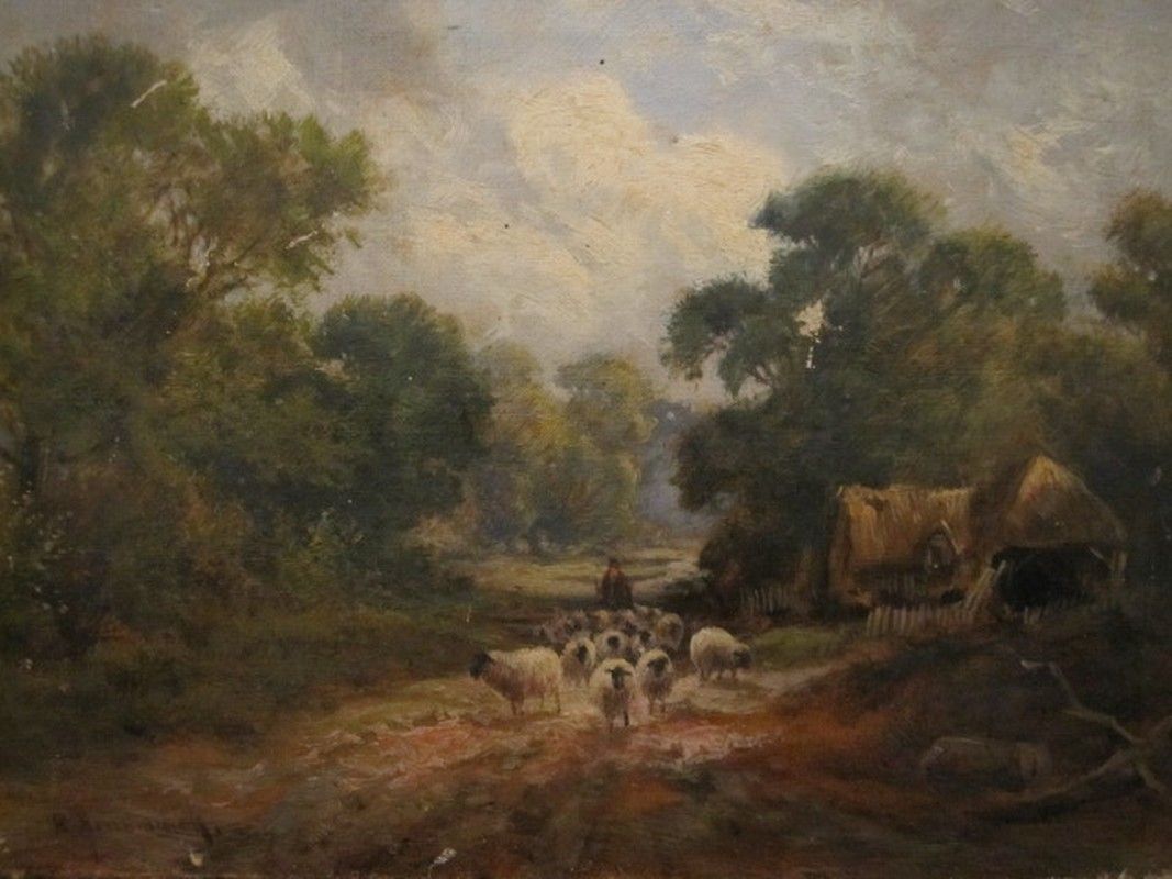 1067x800 European Oil Painting On Canvas, Indistinctly Signed. - Oil Painting Of Sheep And Landscape