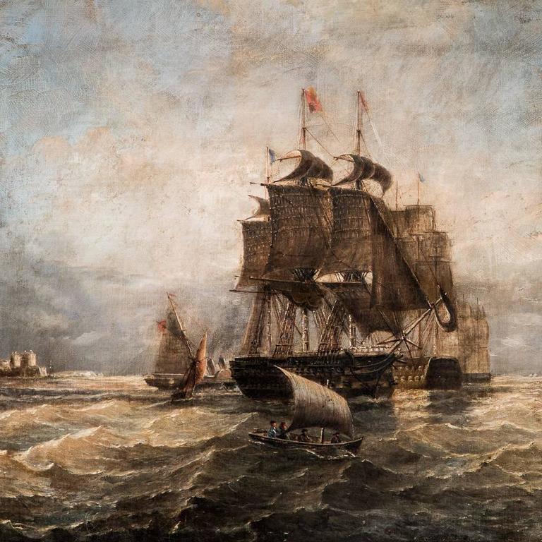 768x768 Antique English 19th Century Oil Painting Of War Ships - Oil Painting Of Ships At Sea