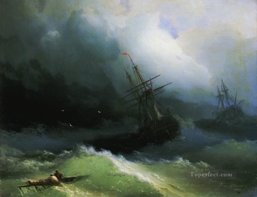 1000x766 Ships In The Stormy Sea 1866 Romantic Ivan Aivazovsky Russian - Oil Painting Of Ships At Sea