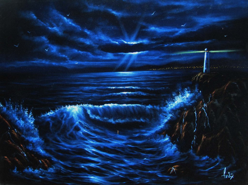 1024x766 Lighthouse And Storm, Seascape, Original Oil Painting On Black - Oil Painting On Black Velvet