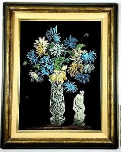 239x300 Original Vintage Flowers Vase Still Life Framed Black Velvet - Oil Painting On Black Velvet