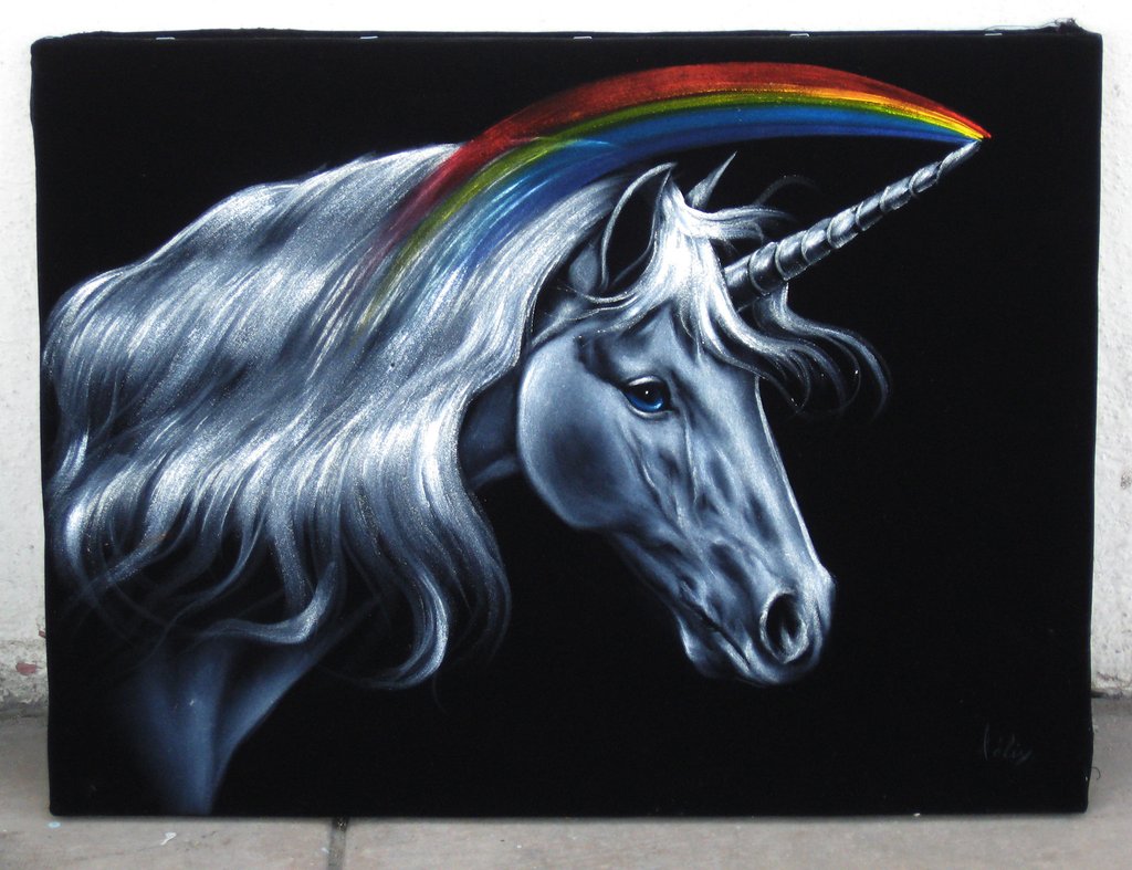 1024x787 Unicorn, White Magical Rainbow Unicorn, Original Oil Painting - Oil Painting On Black Velvet