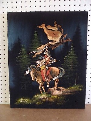 300x400 Vintage Oil Painting On Black Velvet Indian On Horse 16x20 Mexico - Oil Painting On Black Velvet