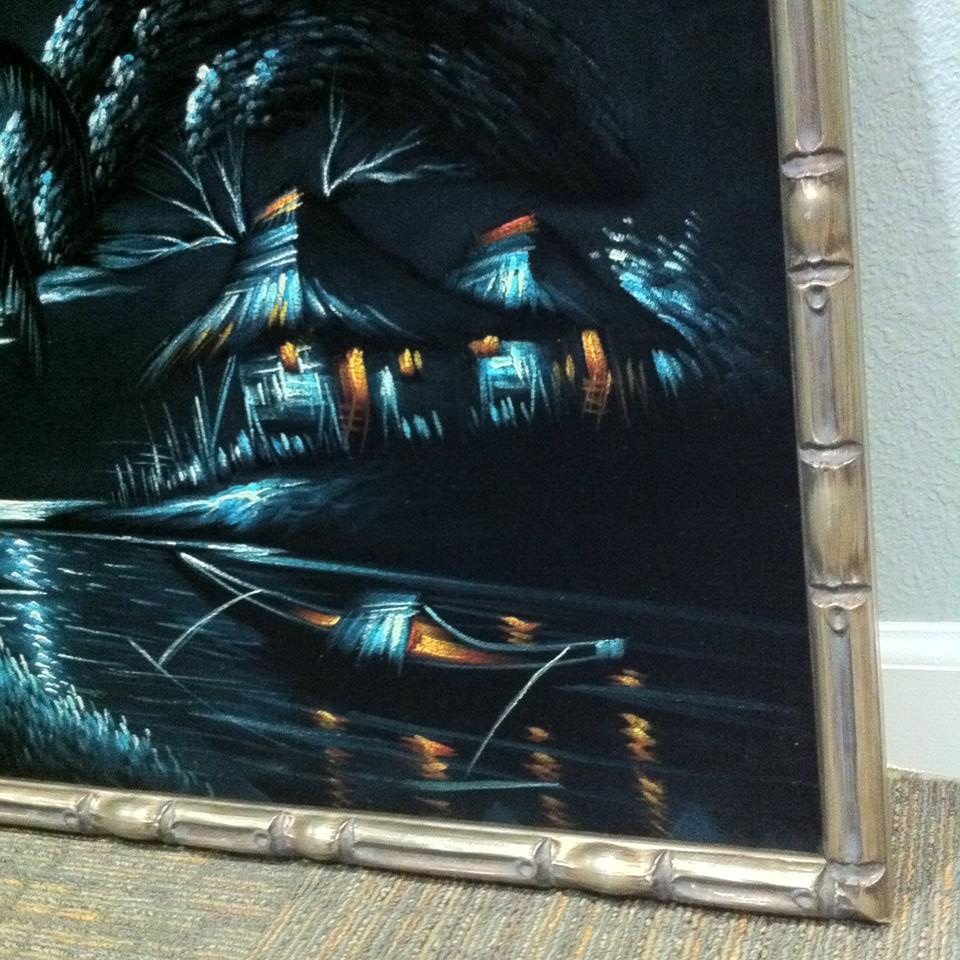 960x960 Vintage Stretched Black Velvet Cloth Oil Painting Signed - Oil Painting On Black Velvet