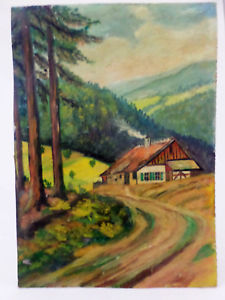 225x300 Old European Oil Painting On Cardboard Forest Hilly Countryside - Oil Painting On Cardboard