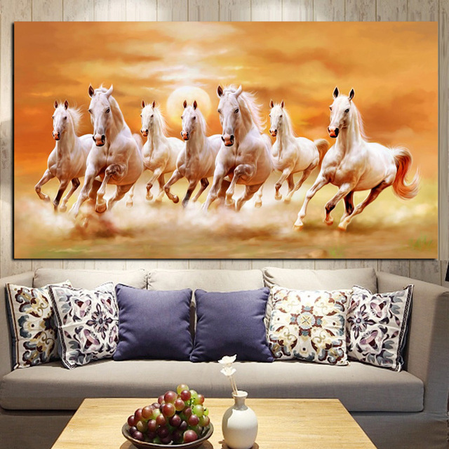 640x640 Big Size Hd Print Artistic Animals Seven Running White Horse Oil - Oil Painting Pics
